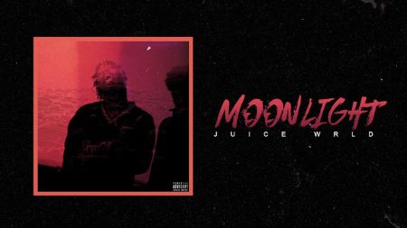 cover of the moonlight song from 999 album. on the cover a faded picture of juice Wrld on a black background with text on the side "moonlight" JUICE WRLD 